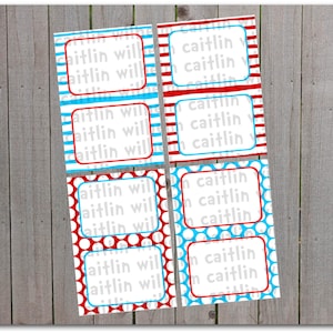 Printable Red, White, and Blue Table Tents Food Labels INSTANT DOWNLOAD Cat in the Hat Inspired Stripes and polka dots image 1