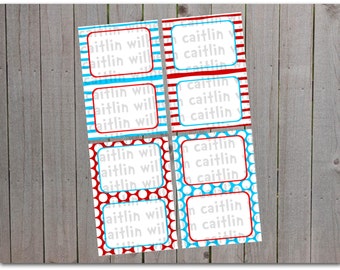 Printable Red, White, and Blue Table Tents - Food Labels - INSTANT DOWNLOAD - Cat in the Hat Inspired - Stripes and polka dots