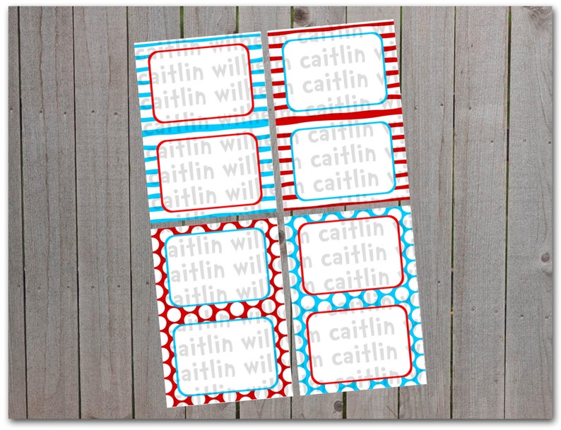 Printable Red, White, and Blue Table Tents Food Labels INSTANT DOWNLOAD Cat in the Hat Inspired Stripes and polka dots image 1