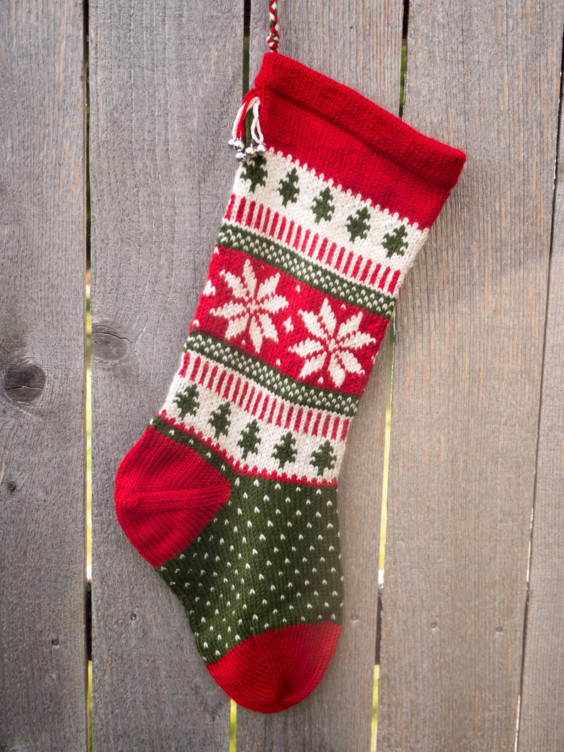 Hand knit Christmas Stocking Poinsettia flower/Snowflake Red, White, Green Made to Order Customizable image 5