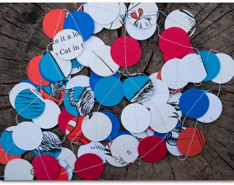 The Cat in the Hat Paper Circles Garland - 9 feet - The Cat in the Hat with red, white & blue card stock - Ready to ship