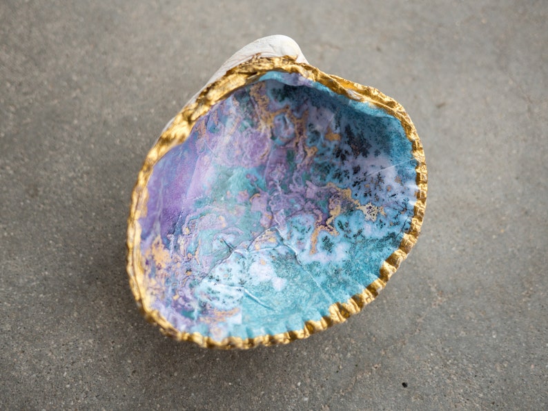 Medium shell ring dish Decoupaged shell Purple, blue, and gold marbling Cockle clam shell image 1