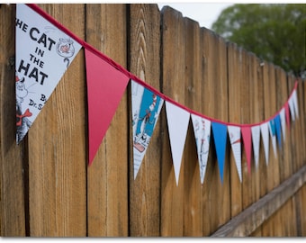 The Cat in the Hat Dr. Seuss Paper Bunting - 9 feet - The Cat in the Hat with red, white & blue card stock - Ready to ship
