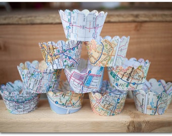12 Map Cupcake Wrappers -Map paper - Party Supplies- Going away, Wedding, Birthday, Bridal Shower, Baby shower - Ready to ship
