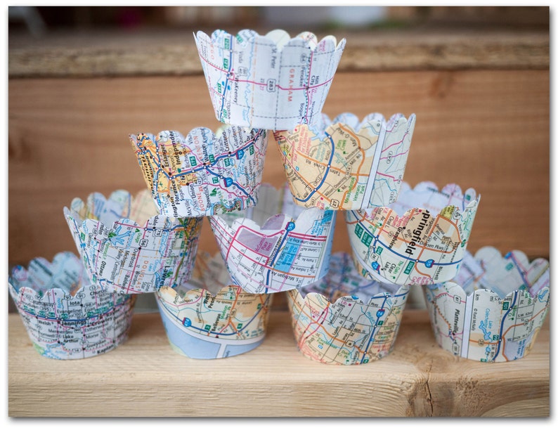 12 Map Cupcake Wrappers Map paper Party Supplies Going away, Wedding, Birthday, Bridal Shower, Baby shower Ready to ship image 1