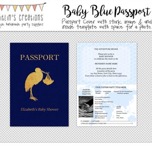 Printable Passport with Blue Background 5x7 Stork, baby boy shower Ultrasound photo Digital Template Instant download image 1