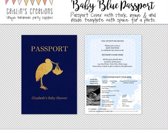 Printable Passport with Blue Background - 5x7 - Stork, baby boy shower - Ultrasound photo - Digital Template - Instant download