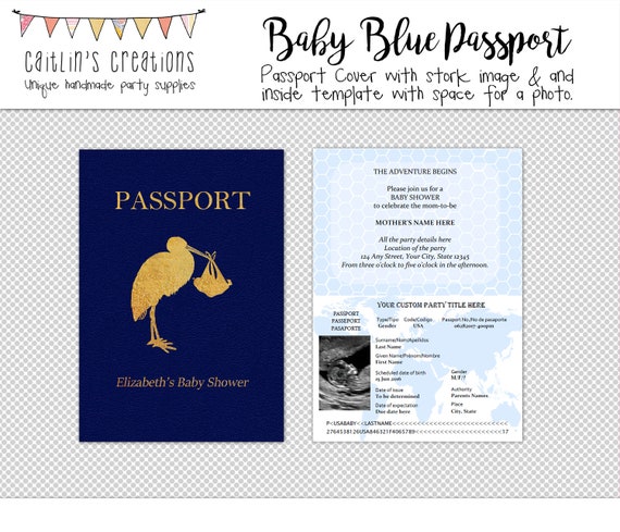 Printable Passport with Blue Background - 5x7 - Stork, baby boy shower -  Ultrasound photo - Digital Template - Instant download