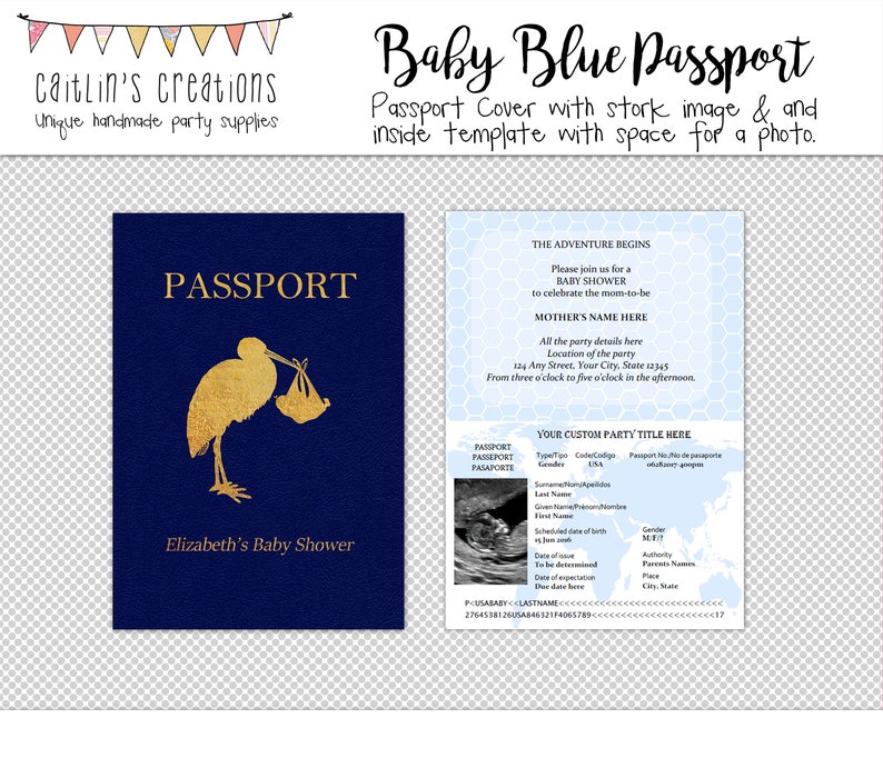 Printable Passport with Blue Background 5x7 Stork, baby boy shower Ultrasound photo Digital Template Instant download image 1