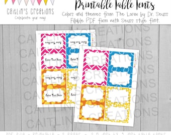 Printable Orange, Yellow, Blue, and Pink Table Tents - Food Labels - INSTANT DOWNLOAD - Inspired by The Lorax by Dr. Seuss
