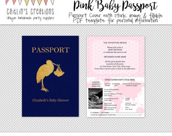 Printable Passport with Pink Background - 5x7 - Stork, baby boy shower - Ultrasound photo - Digital Template - Instant download