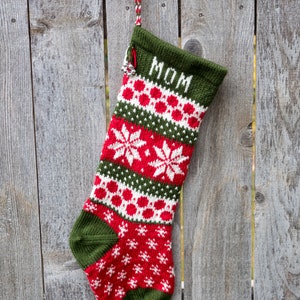 Hand knit Christmas Stocking Poinsettia flower/Snowflake Red, White, Green Made to Order Customizable Green Top Pattern