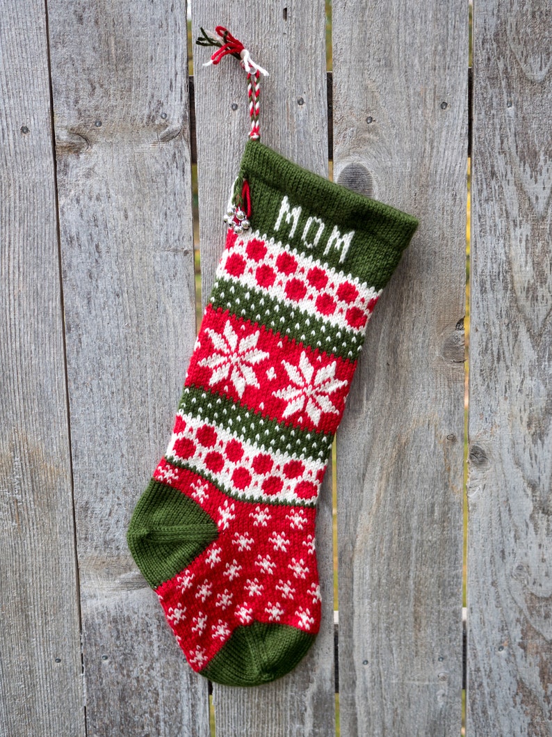 Hand knit Christmas Stocking Poinsettia flower/Snowflake Red, White, Green Made to Order Customizable Green Top Pattern