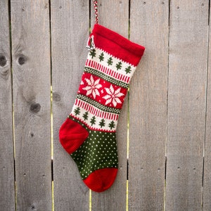 Hand knit Christmas Stocking Poinsettia flower/Snowflake Red, White, Green Made to Order Customizable Red Top Pattern