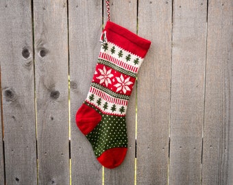 Hand knit Christmas Stocking - Poinsettia flower/Snowflake - Red, White, Green  - Made to Order - Customizable