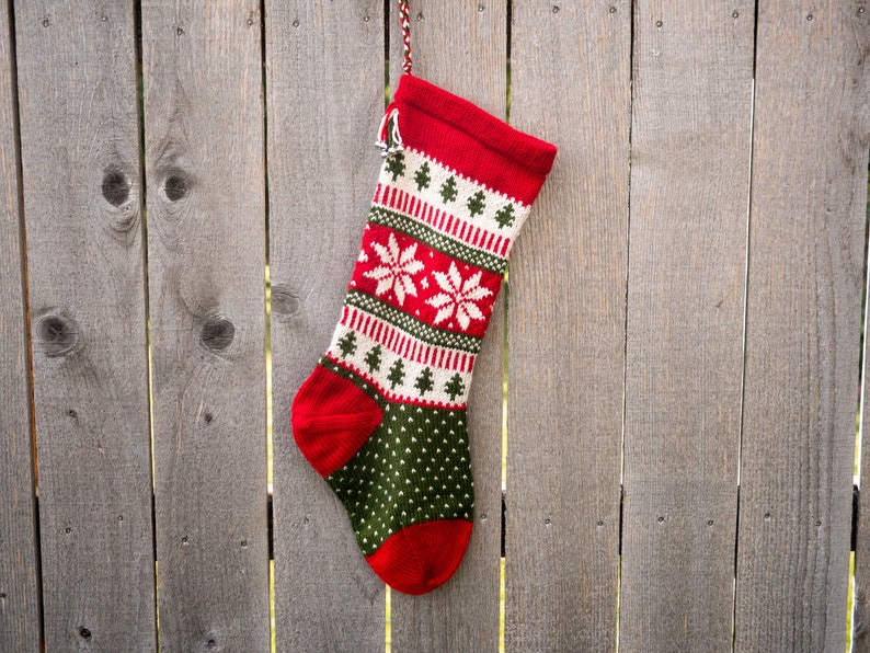 Hand knit Christmas Stocking Poinsettia flower/Snowflake Red, White, Green Made to Order Customizable Red Top Pattern