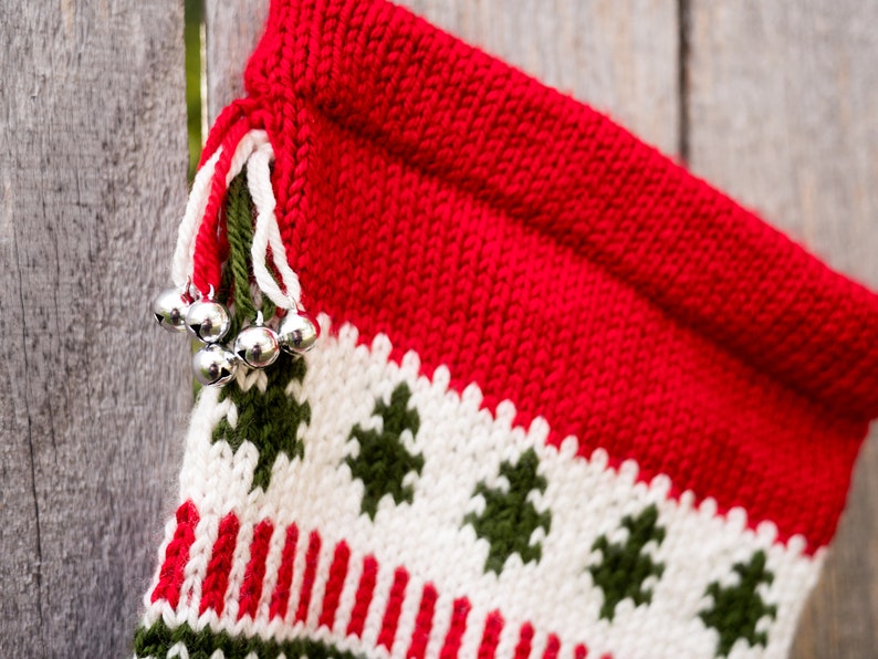 Hand knit Christmas Stocking Poinsettia flower/Snowflake Red, White, Green Made to Order Customizable image 2