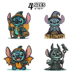 May include: Four Halloween-themed Stitch designs. Each Stitch is dressed in a different costume: a wizard, a witch, a bat, and a Maleficent-inspired character. The text "4 SIZES 4" to 7"" is at the top.
