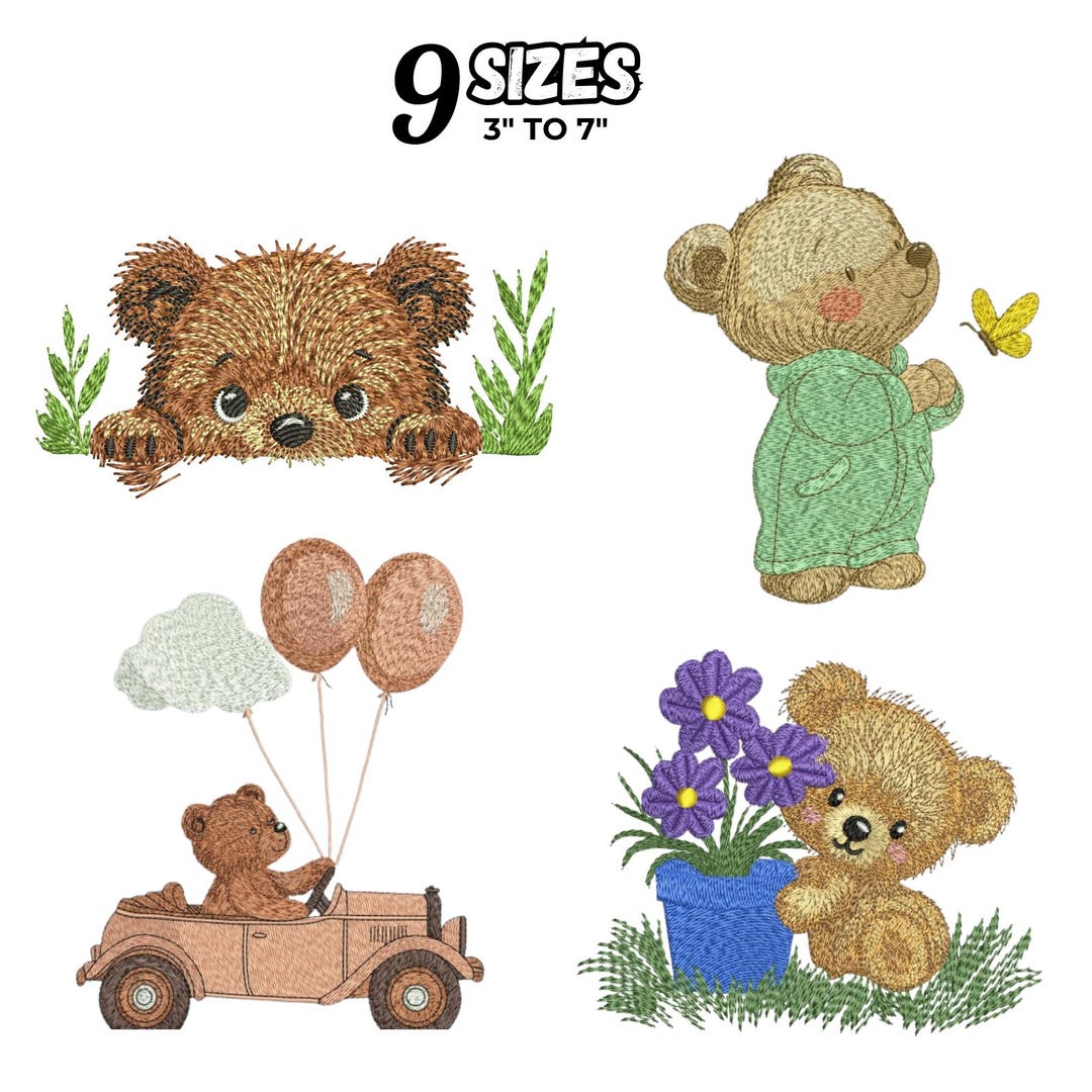 テディベア刺繍デザイン：蝶と花（デジタルダウンロード、9サイズ、4