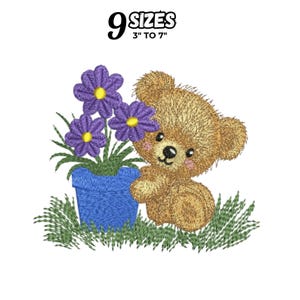 Baby Boy Bear Embroidery, Teddy Bear with Flowers Embroidery Design, Animal Embroidery, Machine Embroidery Design, 9 Sizes, Instant Download