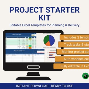 May include: A black computer monitor displays a project management template. The screen shows a spreadsheet with charts and graphs. Text on the screen reads "Project Starter Kit" and "Editable Excel Templates." Features include task tracking and budget monitoring.