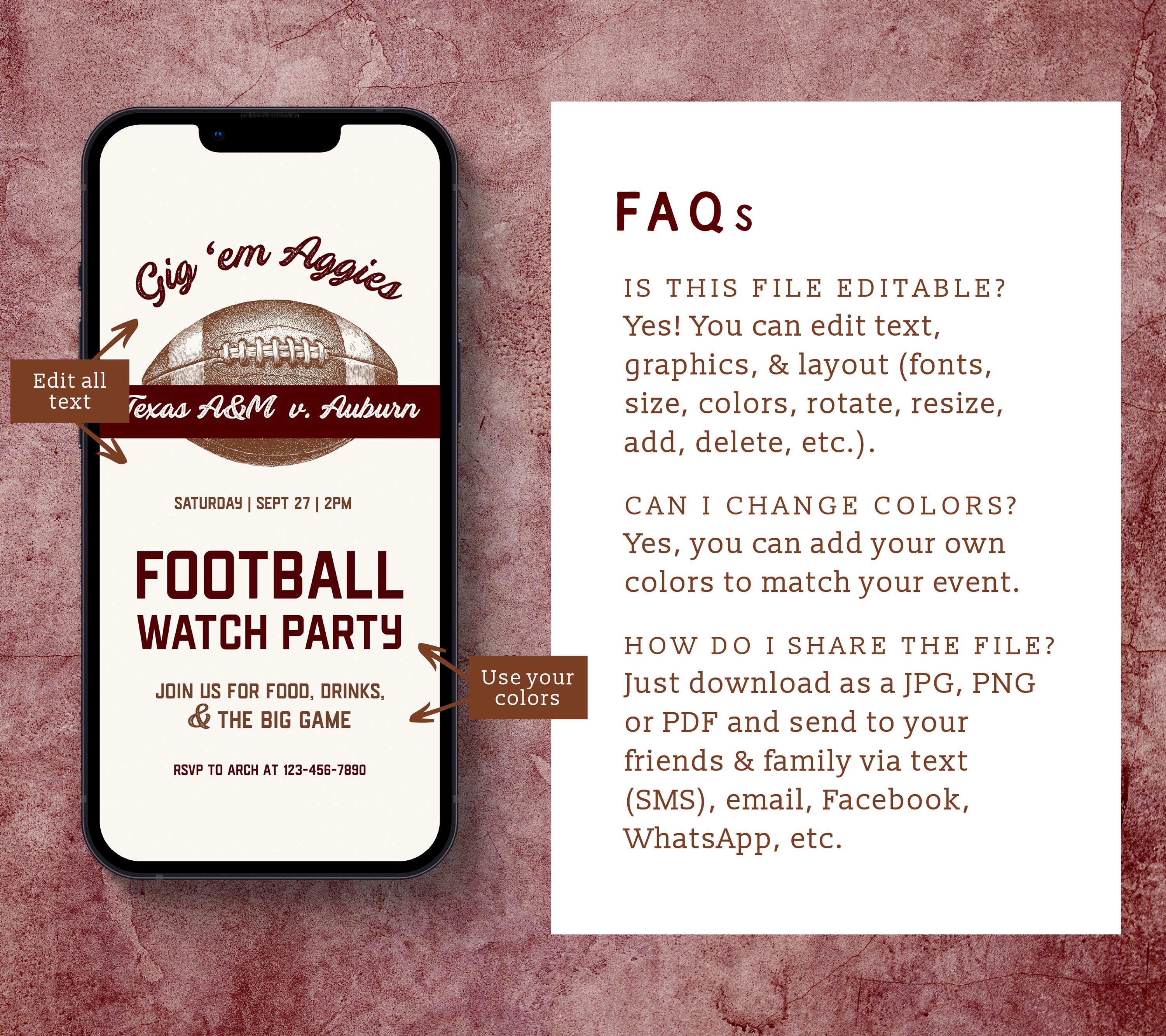 Aggie Football Watch Party Invitation Template, Editable Canva Invite ...