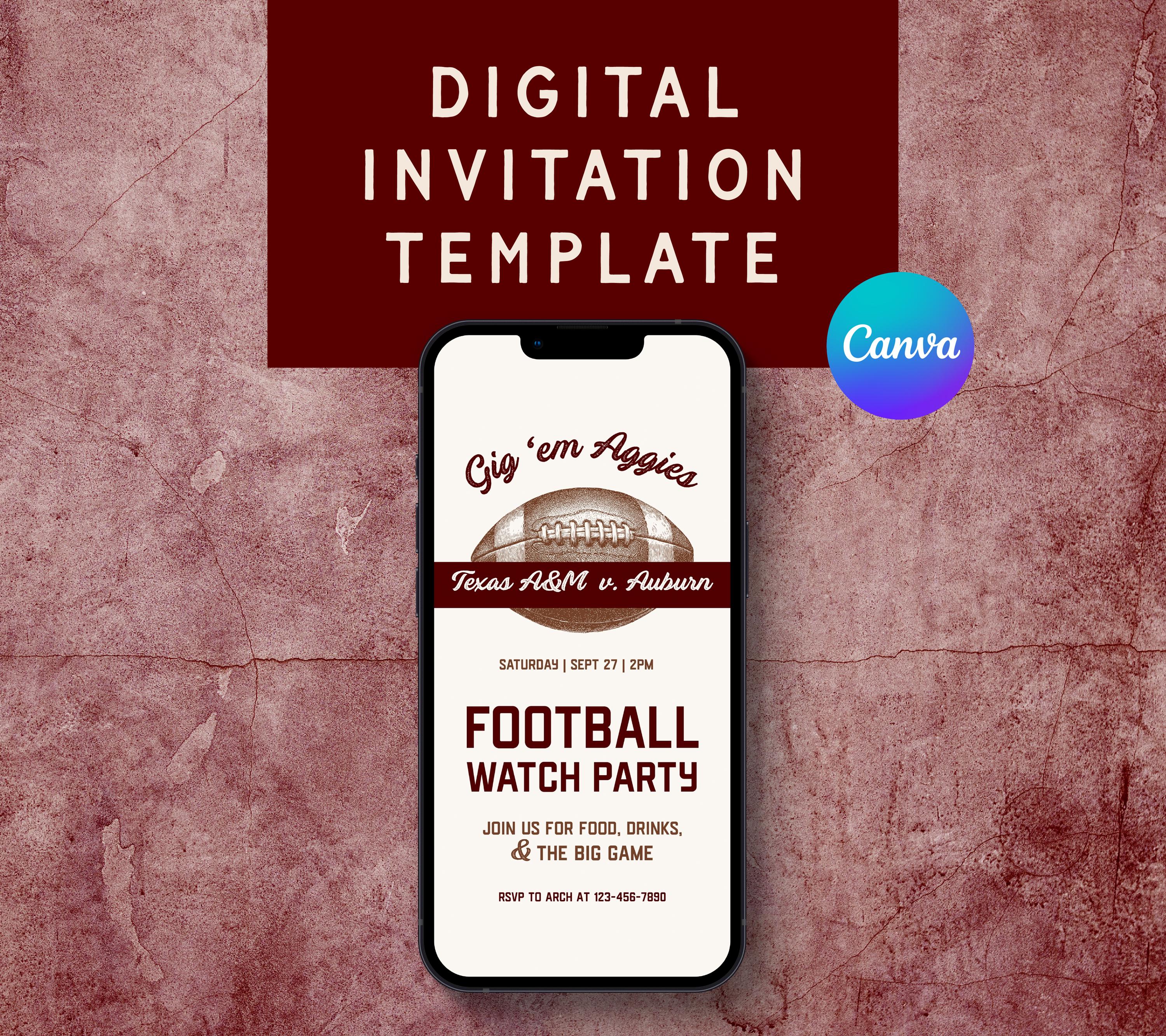Aggie Football Watch Party Invitation Template, Editable Canva Invite ...