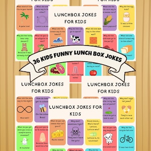 Może przedstawiać: Kolorowy wydruk z 36 żartami dla dzieci do lunchboxa. Każdy żart znajduje się na małej karcie z odpowiednim obrazkiem. Tytuł "Lunchbox Jokes for Kids" znajduje się na górze każdej karty. Obraz zawiera tekst "INSTAND DOWNLOAD!!".