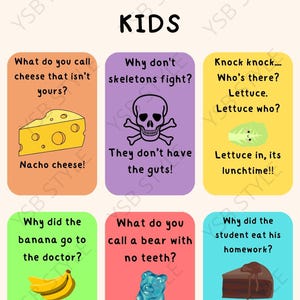 May include: A poster titled "Lunchbox Jokes for Kids" with six illustrated jokes. The jokes include a cheese pun, a skeleton joke, a lettuce pun, a banana joke, a gummy bear joke, and a cake joke. The poster is brightly coloured.