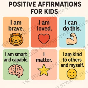 Könnte beinhalten: Sechs farbenfrohe Karten mit positiven Affirmationen für Kinder. Jede Karte zeigt eine andere Affirmation, wie "Ich bin mutig" und "Ich werde geliebt", zusammen mit einer passenden Illustration. Die Karten sind in einem einfachen, freundlichen Stil gestaltet.