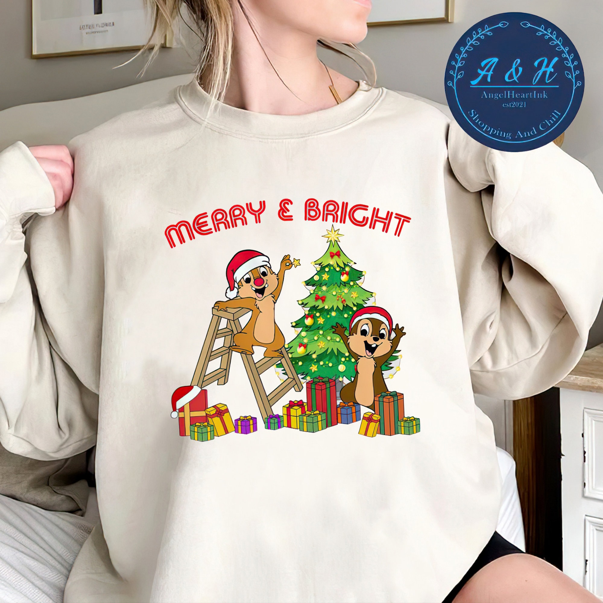 Discover Merry And Bright Sweatshirt, Disney Chip N Dale Christmas Vibes Sweatshirt