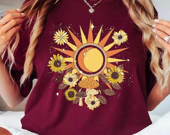 Bohemian Retro Sun Moon Sweatshirt, Boho Floral Sweatshirt, Hippie Sweat, Botanical Floral Celestial Sweatshirt, Mushroom And Moon T-shirt