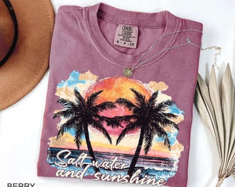 Comfort Colors® Salt Water and Sunshine T-shirt,Salty Mom,Trendy Summer Shirts,Beach Tee,Retro Beach Girl Shirt,Palm Tree Shirt,Sunset Shirt