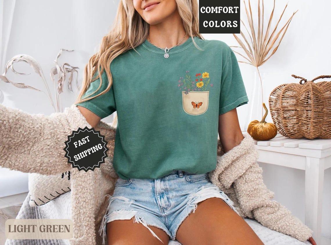 Comfort Colors® Wild Flowers Pocket Shirt, Wildflower Tshirt, Floral Shirt, Botanical Shirt, Flower Shirt, Nature Lover Shirt, Ladies Shirts