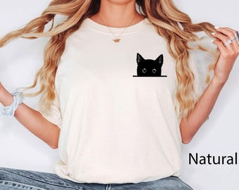 Black Cat Shirt, Cat Shirt, Cute Kitty Tee, Kitten T-shirt, Gift for Cats Lover, Cat Mom Shirts, Cat Shirt Women, Cat Shirt,Cat Pocket Shirt