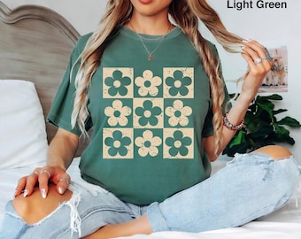 Comfort Colors® Checkered Flowers Shirt, Retro Flowers T-Shirt, Boho Floral TShirt ,Gift For Mom, Spring T Shirt,Trendy Floral,Oversized Tee