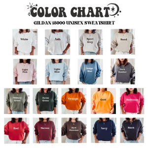 Puede incluir: Tabla de colores de sudaderas unisex Gildan 18000 en varios colores, incluyendo blanco, ceniza, gris deportivo, arena, rosa claro, azul claro, azul &iacute;ndigo, gris oscuro jaspeado, verde militar, verde bosque, naranja, oro, heliconia, rojo, granate, chocolate oscuro, azul marino y negro.