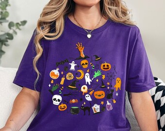 Halloween Doodles Vintage Halloween Shirt Fall Apparel Witchy Clothing Witchy Clothes Fall T-Shirt Short Sleeve Halloween Vintage Tshirt