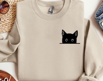 Black Cat Shirt, Cat Shirt, Cute Kitty Tee, Kitten T-shirt, Gift for Cats Lover, Cat Mom Shirts, Cat Shirt Women, Cat Shirt,Cat Pocket Shirt