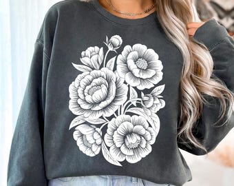 Comfort Colors® Vintage Linocut Flower Shirt, Peonies & Ranunculus Tee, Retro Block Print Peonies Shirt ,Cottagecore Boho Botanical Floral
