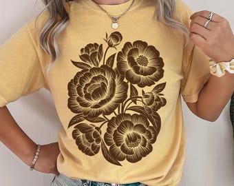 Vintage Linocut Flower Sweatshirt, Peonies & Ranunculus Tee, Retro Block Print Peonies Shirt ,Cottagecore Boho Botanical Floral Long Sleeve