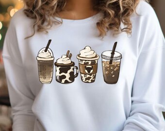 Cow Coffee Mug Sweatshirt, Coffee Cup Shirt, But First Coffee, Coffee Latte Lover Gift, Iced Coffee Shirt, Womens Crewneck, Cute Coffee Tee