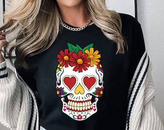 Sugar Skull Flower Crown Shirt, Happy Halloween Shirt, Skull Shirt, Skeleton Halloween Shirt, Skeleton Shirt, Halloween Party Shirt