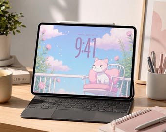 Kawaii Cat Balcony Wallpaper – iPad & Desktop Backgrounds (Digital Download)
