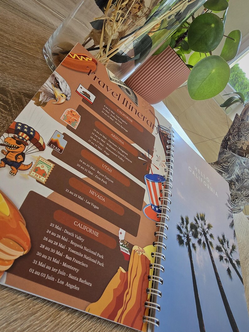 May include: A travel itinerary planner with a spiral binding. The cover features a cartoon illustration of a bear wearing a hat and holding a suitcase. The itinerary includes stops in California, Arizona, Utah, Nevada, and Los Angeles. The text "Travel Itinerary" is printed in brown on a tan background.