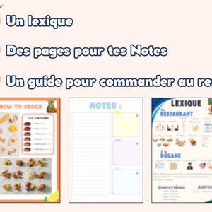 May include: A set of three printable French language learning resources. The first page is a guide to ordering food at a restaurant. The second page is a blank notes page. The third page is a French vocabulary list for restaurants and customs.