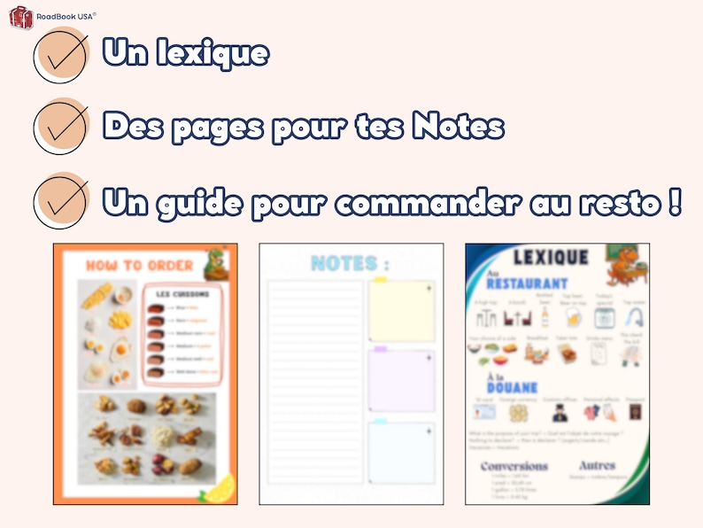 May include: A set of three printable French language learning resources. The first page is a guide to ordering food at a restaurant. The second page is a blank notes page. The third page is a French vocabulary list for restaurants and customs.