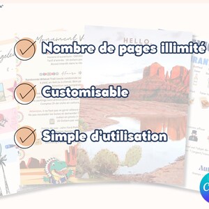 May include: A collage of images showcasing the features of a travel journal. The text "Nombre de pages illimit&eacute;" (unlimited pages) is highlighted in blue. Other features include "Customisable" and "Simple d'utilisation" (easy to use).