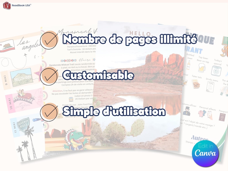 May include: A collage of images showcasing the features of a travel journal. The text "Nombre de pages illimit&eacute;" (unlimited pages) is highlighted in blue. Other features include "Customisable" and "Simple d'utilisation" (easy to use).