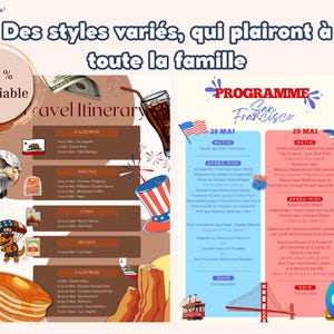 May include: A colorful travel itinerary template with a red, white, and blue American flag, a brown travel itinerary with a list of states and cities, and a blue and pink San Francisco itinerary with a red Golden Gate Bridge. The text on the itinerary says "Travel Itinerary", "Programme San Francisco", "28 Mai", "29 Mai", "Matin", "Apr&egrave;s-Midi", "Soir", "Californie", "Arizona", "Utah", "Nevada", "100% Modifiable", "Des styles vari&eacute;s, qui plairont &agrave; toute la famille", and "Edit in Canva".